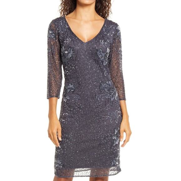 Pissaro Nights Dress Beaded Mesh 3/4 Sleeve V-Neck Cocktail Sheath Slate NWT 16 - Picture 1 of 12